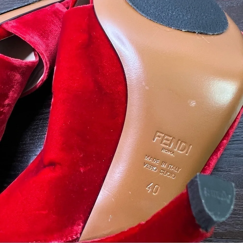 Fendi, Red Velvet Ankle Strap Shoe.  8